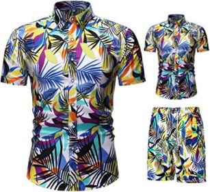 Men's Flower 2 Piece Tracksuit Shirt Casual Hawaiian Short Sleeve Shirts and Pants Suit (size: M)