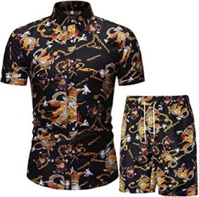 Men's Flower 2 Piece Tracksuit Shirt Casual Hawaiian Short Sleeve Shirts and Pants Suit (size: L)