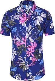 Men's Hawaiian Floral Short Sleeve Shirt Casual Flower Button Down Slim Fit Shirts (size: XXL)