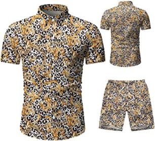 Men's 2 Piece Tracksuit Shirt Flower Casual Button Down Short Sleeve Shirts and Pants Suit (size: XXL)