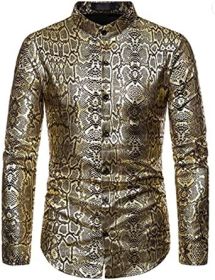 Men's Paisley Shirt Long Sleeve Dress Shirt Button Down Casual Slim Fit Shirt (Color: Gold-S)