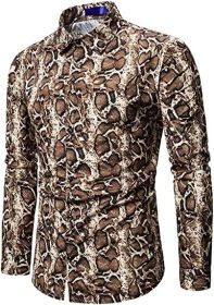 Men's Fashion Leopard Shirts Slim Fit Stand Collar Single Breasted Shirts Casual Long (Color: Bwcs yellow03-S)