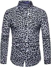 Men's Fashion Leopard Shirts Slim Fit Stand Collar Single Breasted Shirts Casual Long (Color: Bwcs white-S)