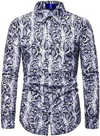 Men's Fashion Leopard Shirts Slim Fit Stand Collar Single Breasted Shirts Casual Long (Color: Bwcs white03-XL)