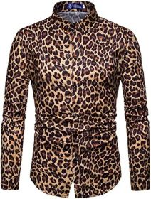 Men's Fashion Leopard Shirts Slim Fit Stand Collar Single Breasted Shirts Casual Long (Color: Bwcs yellow-XL)