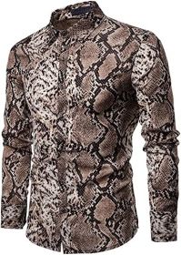 Men's Fashion Leopard Shirts Slim Fit Stand Collar Single Breasted Shirts Casual Long (Color: Bwcs yellow02-S)