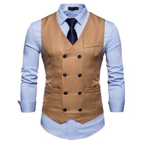 Men's Suit Vest Slim Fit Double Breasted Dress Vest (Color: Khaki)