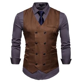 Men's Suit Vest Slim Fit Double Breasted Dress Vest (Color: coffee)