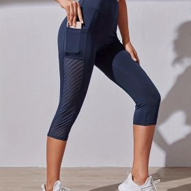 High Waist Yoga Capri Pants, Tummy Control Sports Legging Capri For Women With Out Pockets And Mesh Design (Color: navy blue)