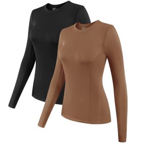 2 Pack Womens Long Sleeve Tops, Crew Neck Stretch Fitted Base Layer Tee Shirts Tops (size: L)