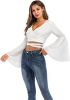 Women's Sexy Tie Up Crop Top Ladies Flared Sleeve Deep V Neck Casual Basic T Shirt