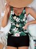 Floral & Plant All Over Print Drawstring Side Tank Top Solid Color Boxer Short Two Piece Tankini Sets Swimsuit, Women's Swimwear